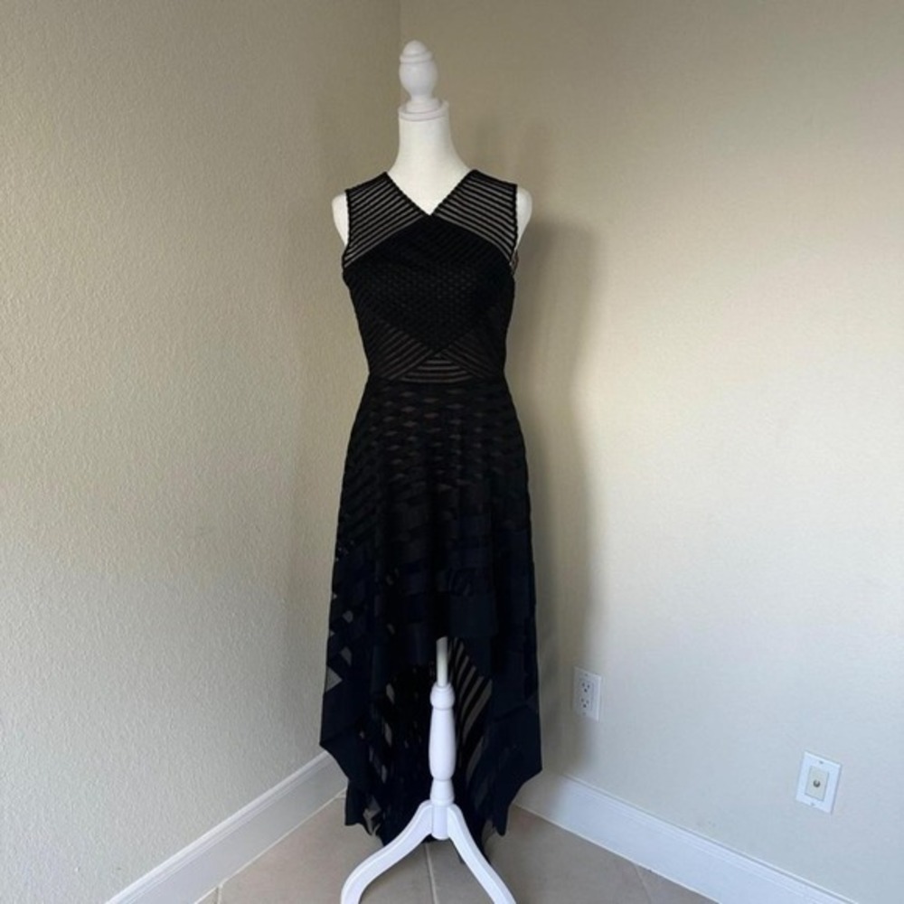 BCBGMAXAZRIA High Low Gown Womens 02 Black Geometric Striped Mesh Dress